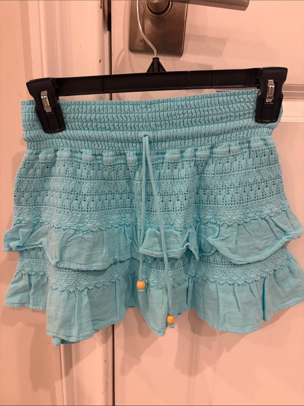 Light Blue Ruffled Mini Skirt with Drawstring Waist